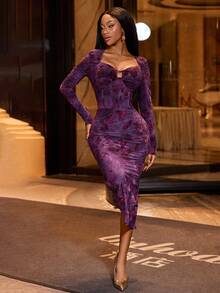 Lureya Robe moulante mini asymétrique à manches raglan transparente avec imprimé floral mignon, sexy et charmante, convient pour toutes les saisons