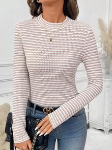 SHEIN Clasi Women's Stand Collar Knit Fitted Elastic Casual Striped Tee, Khaki, Elegant For Daily Wear, Autumn/Winter T-Shirt For Women Knitted Top Basic Top - Khaki - View 8