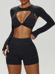 Slayform 3 قطع للنساء بدلة رياضية سلسة وجذابة بطبعة نمر، تتكون من شال مجدول، صدرية رياضية وشورت للركض والتمرين والرياضات الخارجية مثل اليوغا