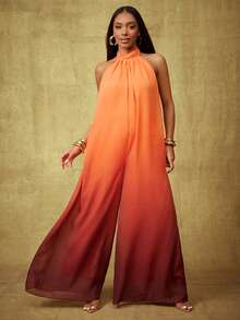 Vixey Ombre Print Chiffon Halter Neck Open Back Wide Leg Jumpsuit, Party Wear, Elegant