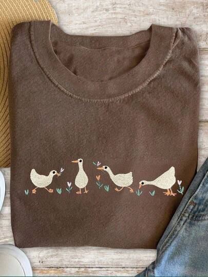 INAWLY Casual Goose & Tulip Embroidery Short Sleeve T-Shirt, Spring/Summer