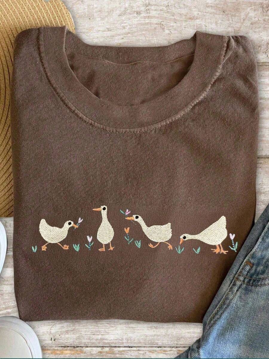 INAWLY Casual Goose & Tulip Embroidery Short Sleeve T-Shirt, Spring/Summer - Coffee Brown - View 1