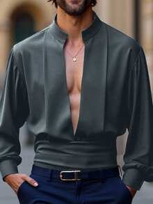 Manfinity AFTRDRK Men Fashionable Solid Color Deep V Neck Shirt, Autumn, Fall Men Long Sleeve Shirt Men Gothic Shirt Men Band Collar Shirt Renaissance Shirt Men Shirt Prom Suit Christmas