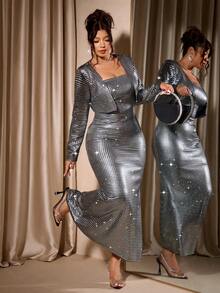 Cravure 加大码女式银箔性感抹胸束腰美人鱼下摆紧身连衣裙搭配小开衫外套两件套 - 銀色 - 查看 1