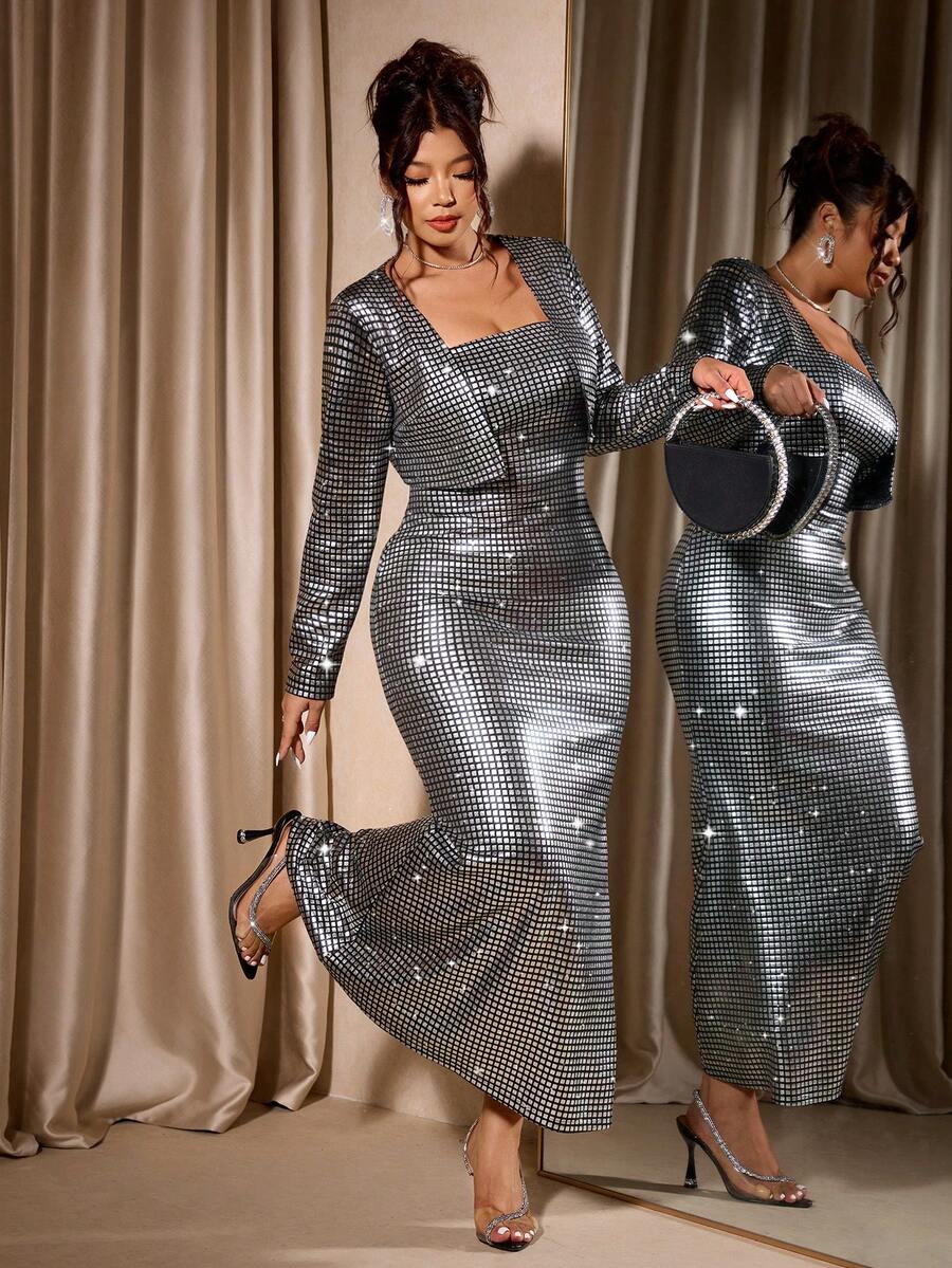 Cravure 加大码女式银箔性感抹胸束腰美人鱼下摆紧身连衣裙搭配小开衫外套两件套 - 銀色 - 查看 1