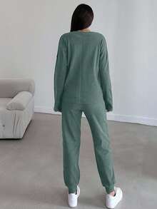 EURMUSE Women's Casual Solid Color Top And Pants 2 Pieces Set, Autumn - Mint Green - View 2