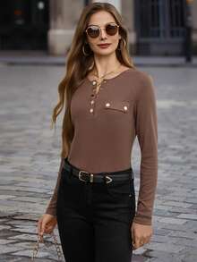 EMERY ROSE Women's Solid Color Notch V-Neck Casual Long Sleeve T-Shirt, Spring/Summer Fall Cloth For Women - Brown - View 3