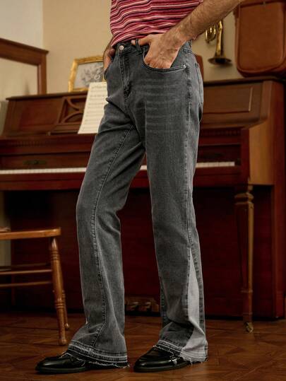 Manfinity Homme Herren dunkelgraue Jeans mit Hufeisen-Patchwork im Retro-Schlaghosen-Stil