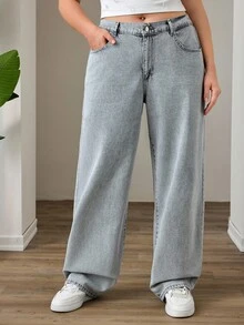 SHEIN Cottnline Plus Size Women Embroidered Mid-Waist Button Pocket Straight Leg Jeans - Light Grey - View 1