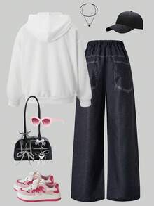 SHEIN ChillGRL 2件套少女印花连帽衫和印花裤 - 彩色 - 查看 2