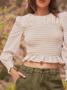Áo peplum xếp nếp, cổ tròn, tay dài, họa tiết caro, phối vải cotton pha trộn, khoét lưng, xẻ tà, thường ngày, dễ thương, phong cách Boho, mùa thu, mùa đông, hòa nhạc đồng quê, trang phục phương Tây dành cho nữ - Nhiều màu - Xem 4