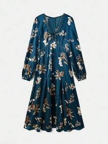 lacRébo 花卉缎面中长连衣裙，带蕾丝花边领口，秋季女装秋冬 - 墨綠色 - 查看 7