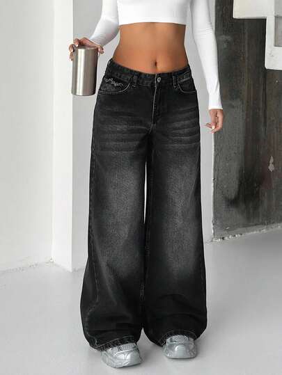 EURMUSE Low Waist Wash Detailed Wideleg Jean Y2k Jeans Black Jeans Womens Jeans Jeans Mom Jeans