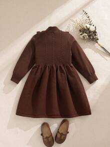 SHEIN Girls Knitted Long Sleeve Dress,Round Neck Patchwork Ruffle Beaded Fashion Style,Autumn Party Korean Version Flounce Princess Sweater Skirt Set,Brown - Camel - View 8