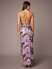 Silquee Women's Elegant Purple Floral Embroidered Sequin Dress,Summer Slim Tube Top Cowl Neck Long Formal Gown For Dinner,Party,Wedding Guest& Date Night - Multicolor - View 6