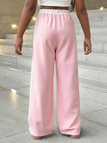 SHEIN Quần ống đứng cạp chun co giãn màu tương phản in số cho bé gái tuổi teen, đa năng và thời trang khi trở lại trường - Màu Hồng baby - Xem 2