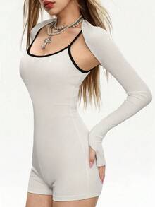 INAWLY Women's Long Sleeve Camisole Top And Spaghetti Strap Jumpsuit Casual 2 Pieces Set - White - View 3