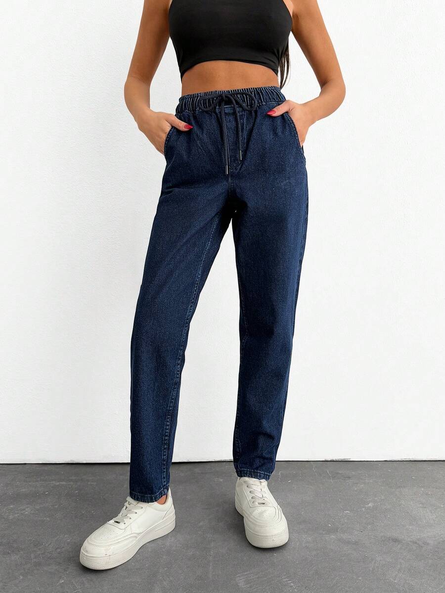 EURMUSE Solid Color Casual Drawstring Elastic Waist Jeans Pants - Dark Wash - View 1