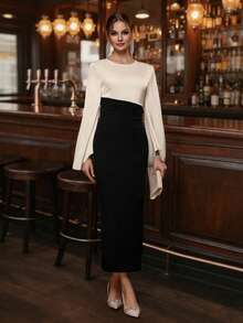 EMERY ROSE 圆领喇叭袖宽松拼色长裙超长女装 - 彩色 - 查看 3