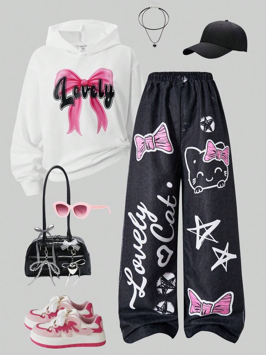 SHEIN ChillGRL 2件套少女印花连帽衫和印花裤 - 彩色 - 查看 1