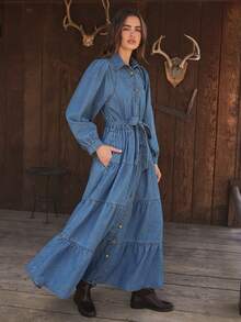 WESTFADE Collared Button Front Bow Tie Belted Waist Long Puff Sleeve Western Seamed Tiered Ruffle Cotton Blend Chambray Denim Midi Dress Fall, Autumn, Winter - Medium Wash - View 4