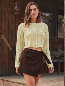 WESTFADE Round Neck Button Front Relaxed Fit Mixed Cable Knit Cardigan Sweater Cute Fall Knit Top, Casual Boho For Women, Country Western Concert, Fall, Autumn, Winter - Yellow - View 4