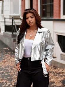 Vionelle Chaqueta corta de mujer de talla grande con acabado metálico de PU