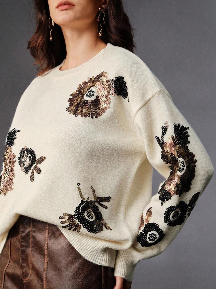 Fashionable High-End Sequin 3D Embroidered Floral Crew Neck Loose Pullover Sweater For Women, Versatile For Fall, Winter, New Year, Party, Wedding, Elegant, Chic, Stylish