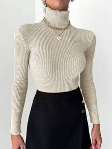 EURMUSE Women's Solid Color Minimalist Turtleneck Long Sleeve Sweater - Beige - View 5