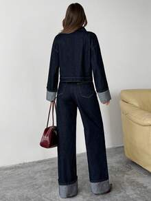 EURMUSE 翻盖口袋落肩牛仔夹克和阔腿牛仔裤 - 深色水洗藍 - 查看 2