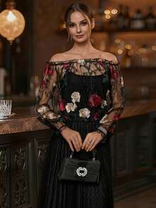 EMERY ROSE 女装时尚透明网眼钩针刺绣碎花露肩灯笼袖短款上衣 - 黑色 - 查看 1