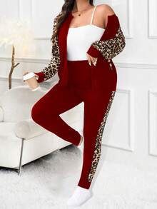 SHEIN LUNE Plus Size Leopard Print Patchwork Jacket And Pants 2 Pieces Set, Autumn - Burgundy - View 6