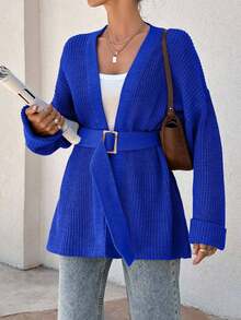 EURMUSE Women Oversize Asymmetric Shaped With Belt Detailed Rib Knitted Cardigan - Blue - View 7