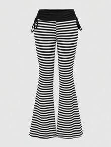ROMWE Grunge Punk Punk Style Striped Contrast Color Drawstring Flare Pants For Women