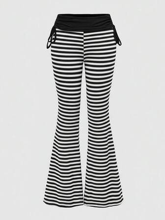 Grunge Punk Punk Style Striped Contrast Color Drawstring Flare Pants For Women