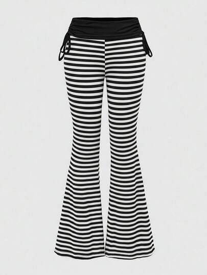 Grunge Punk Punk Style Striped Contrast Color Drawstring Flare Pants For Women