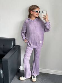 SHEIN Bộ áo nỉ có mũ trùm đầu dệt kim và quần ống loe thường ngày cho bé gái tuổi mới lớn, trang phục mùa đông - Màu tím - Xem 4