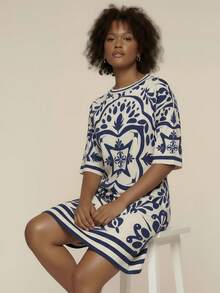 CAJUNI 大码女式波西米亚风热带复古蓝色印花短款休闲宽松海滩度假米色连衣裙 - 藏蓝色 - 查看 1