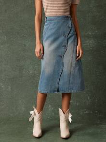 WESTFADE High Waist Wavy Button Front Cotton Blend Denim Wrap Midi Skirt Casual Cute Country Western Wear Fall Boho - Light Wash - View 5