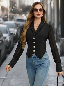 EMERY ROSE Blazer tulle a contrasto manica a sbuffo collo sciallato - nero - Visualizzare 4