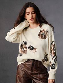 Anewsta Áo len chui đầu cổ tròn thêu hoa 3D cao cấp thời trang dành cho nữ, đa năng cho mùa thu, đông, năm mới, tiệc tùng, đám cưới, thanh lịch, sang trọng, sành điệu - Màu be - Xem 5