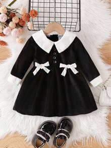 SHEIN Baby Girl Halloween Color Block Bow Decor Dress - Black - View 3