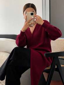 SHEIN Cottnline Women's Casual Solid Color Cardigan, Versatile For Autumn/Winter - Maroon - View 4