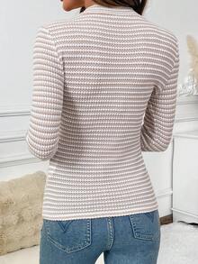 SHEIN Clasi Women's Stand Collar Knit Fitted Elastic Casual Striped Tee, Khaki, Elegant For Daily Wear, Autumn/Winter T-Shirt For Women Knitted Top Basic Top - Khaki - View 2