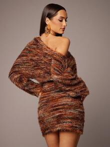 Silquee Elegant Brown Stripe Autumn Knitted Top, Asymmetrical Off-The-Shoulder Long-Sleeved Drape,Retro American Style Sleek Casual Night Out Rust-Brown - Multicolor - View 2