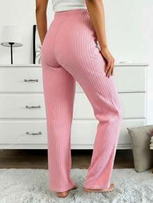 EURMUSE Women 2 Pcs Rib Knit With Fake Drawstring Detail Homewear Soft Comfort Sleep Pants Set - Multicolor - View 2