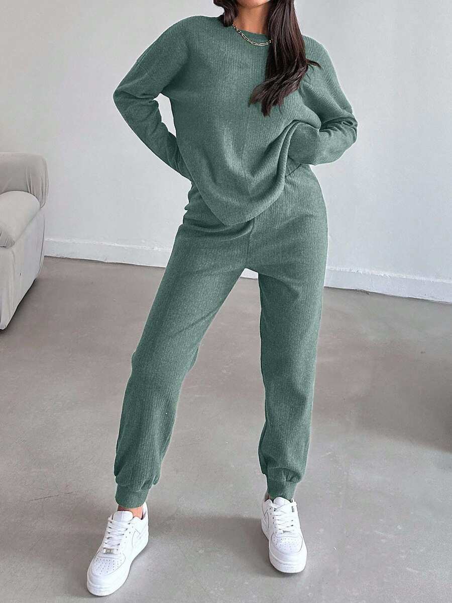 EURMUSE Women's Casual Solid Color Top And Pants 2 Pieces Set, Autumn - Mint Green - View 1