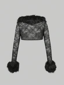 ROMWE J-Fashion Y2K 性感蕾丝拼布黑色毛领短款开衫，可搭配吊带背心或连衣裙 - 黑色 - 查看 6