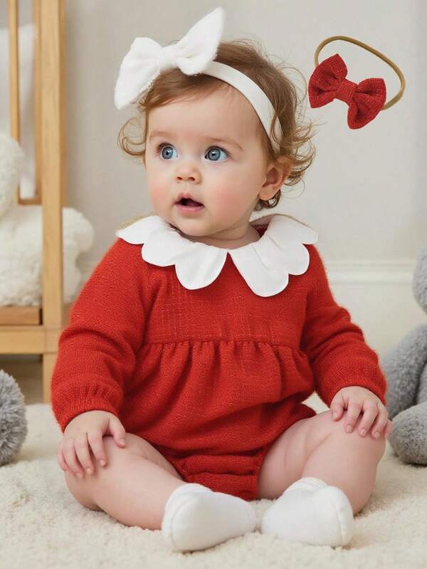 SHEIN Baby Girls' Red Jacquard Weave Long Sleeve Romper With Floral Collar, Comes With Bow Headband, Autumn/Winter Fall