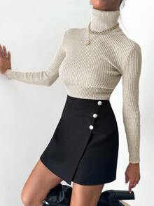 EURMUSE Women's Solid Color Minimalist Turtleneck Long Sleeve Sweater - Beige - View 4